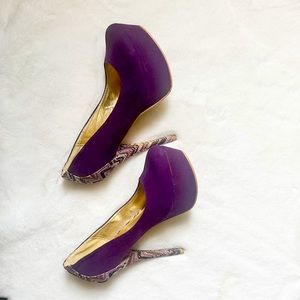 Purple detail platform front high heel pumps sued material